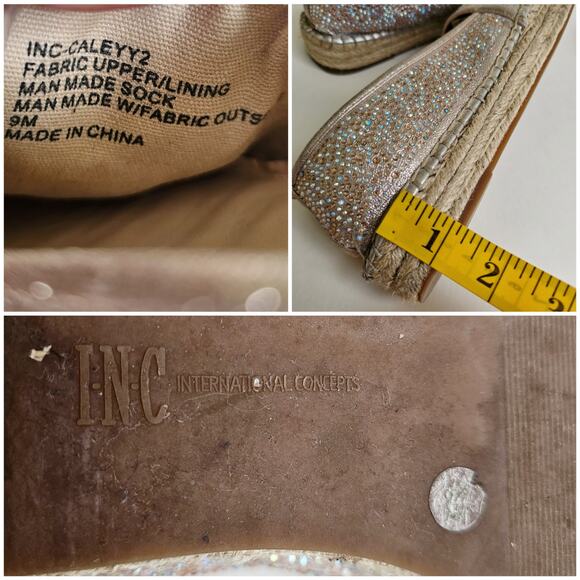 Rhinestone Espadrilles Flats INC Caleyy Size 9 Metallic Tan Sparkle Slip Ons - Picture 8 of 14